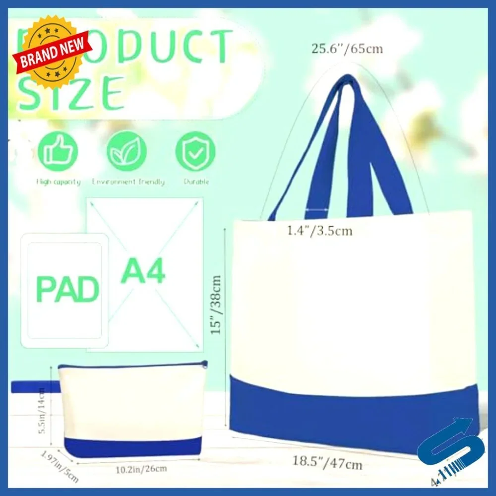 Canvas Tote Bags Bulk Set with Zipper Cosmetic Pouches Reusable Shopping